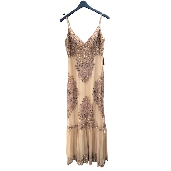 Sue Wong Beige Nocturn Embellished Beaded Sequins Floor Length Dress Size 10